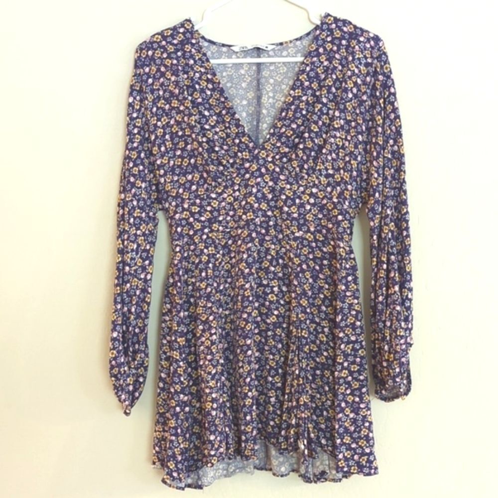 Zara Blue Floral Long Sleeve Boho Mini Dress - Size S